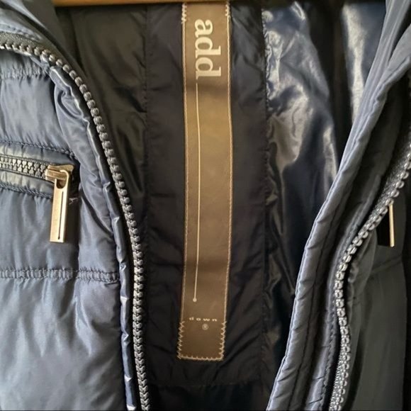 ADD DOWN Size 4 Navy Blue Puffer Belted Coat Detachable Snap Button Hood - Picture 10 of 16
